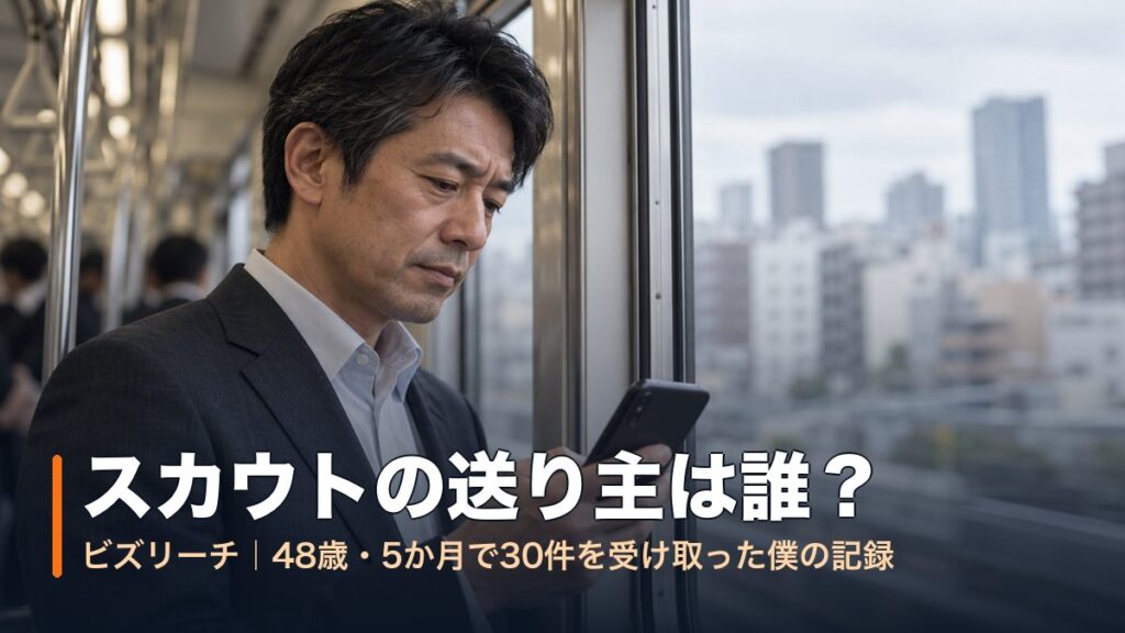 朝の通勤電車の窓際でスマートフォンの通知を見る40代後半の男性｜ビズリーチのスカウトの送り主は誰か
