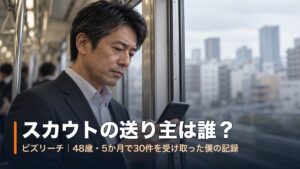 朝の通勤電車の窓際でスマートフォンの通知を見る40代後半の男性｜ビズリーチのスカウトの送り主は誰か