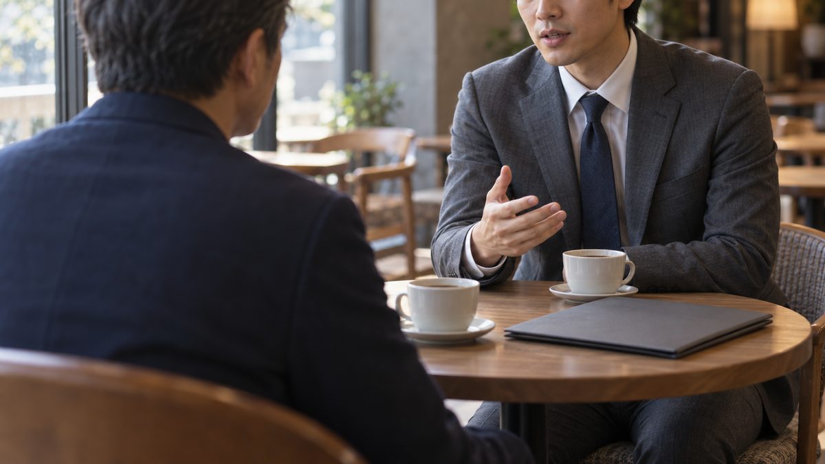 カフェで書類を挟んで担当と向かい合って話す場面|落ちた理由を聞けるのがエージェントを使う利点