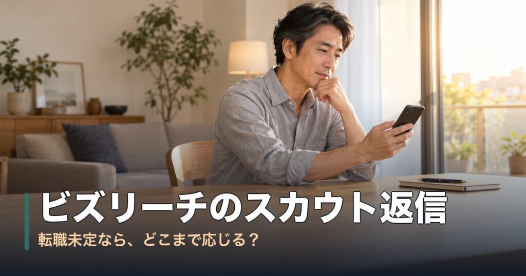 自宅でスカウトへの返信を考える男性。ビズリーチのスカウト返信、転職未定ならどこまで応じるか
