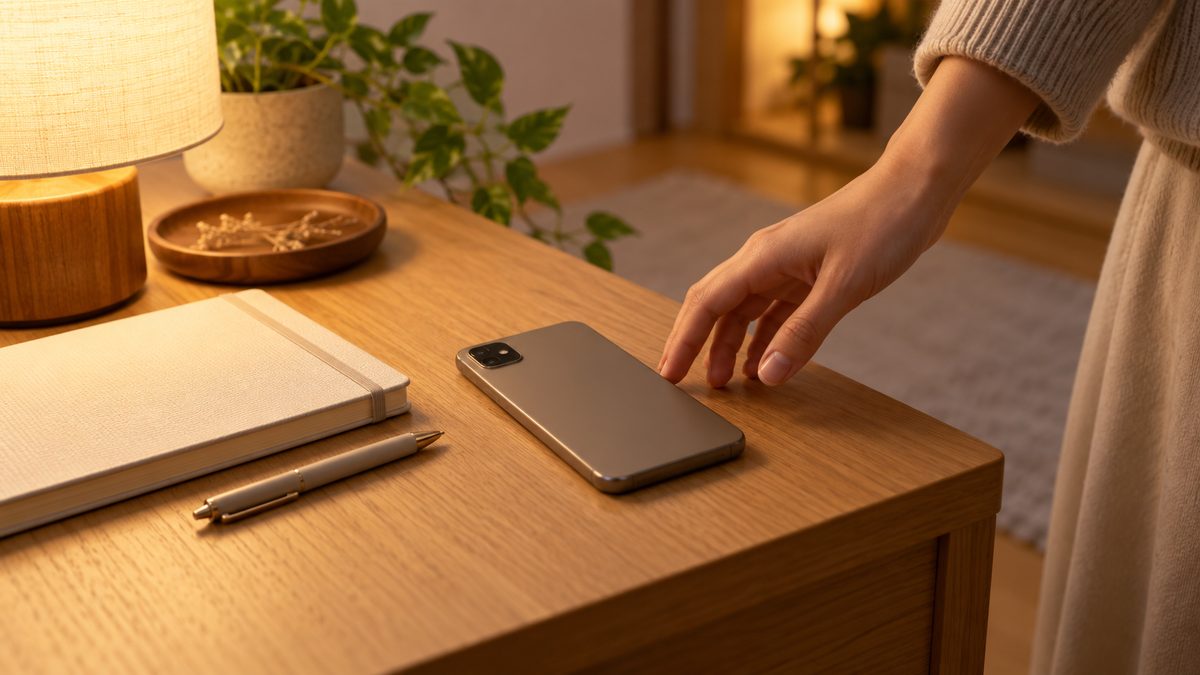 スマートフォンを伏せて置き、連絡から少し距離を取る手元のイメージ