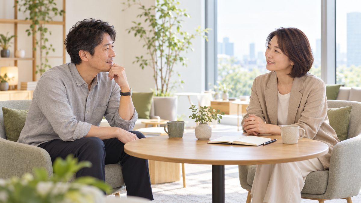 落ち着いた空間で、相手の話を聞きながら相談する場面のイメージ