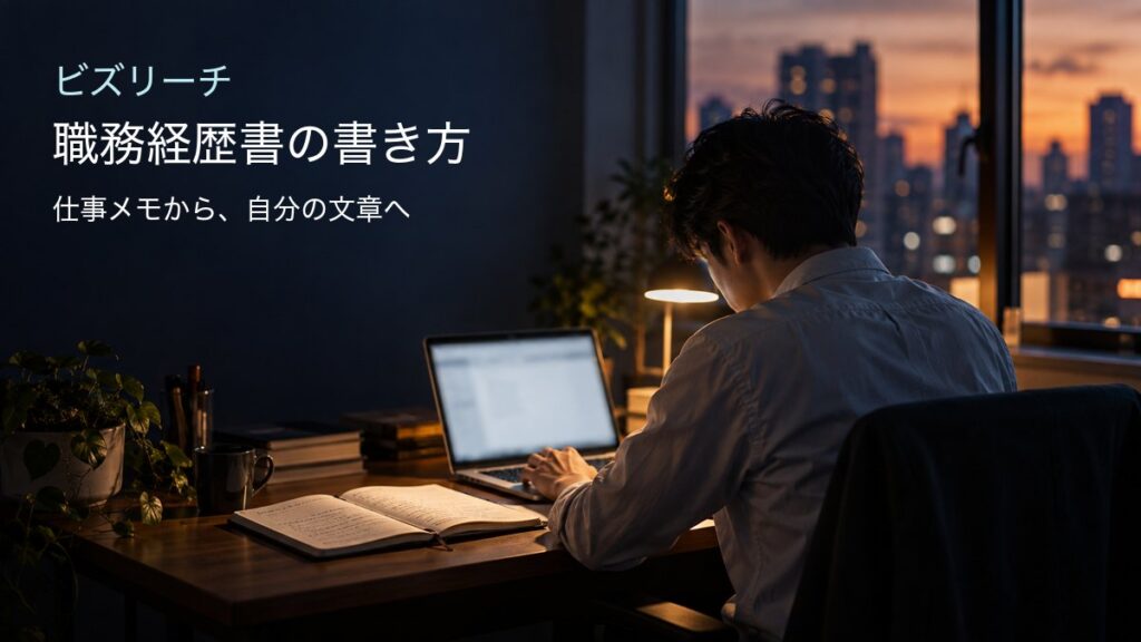仕事メモから職務経歴書を作る様子と、ビズリーチの職務経歴書の書き方の見出し。AIイメージ