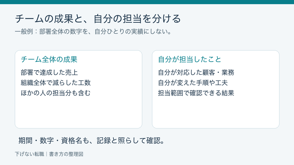 チーム全体の成果と自分が担当した仕事を分けて確認する図